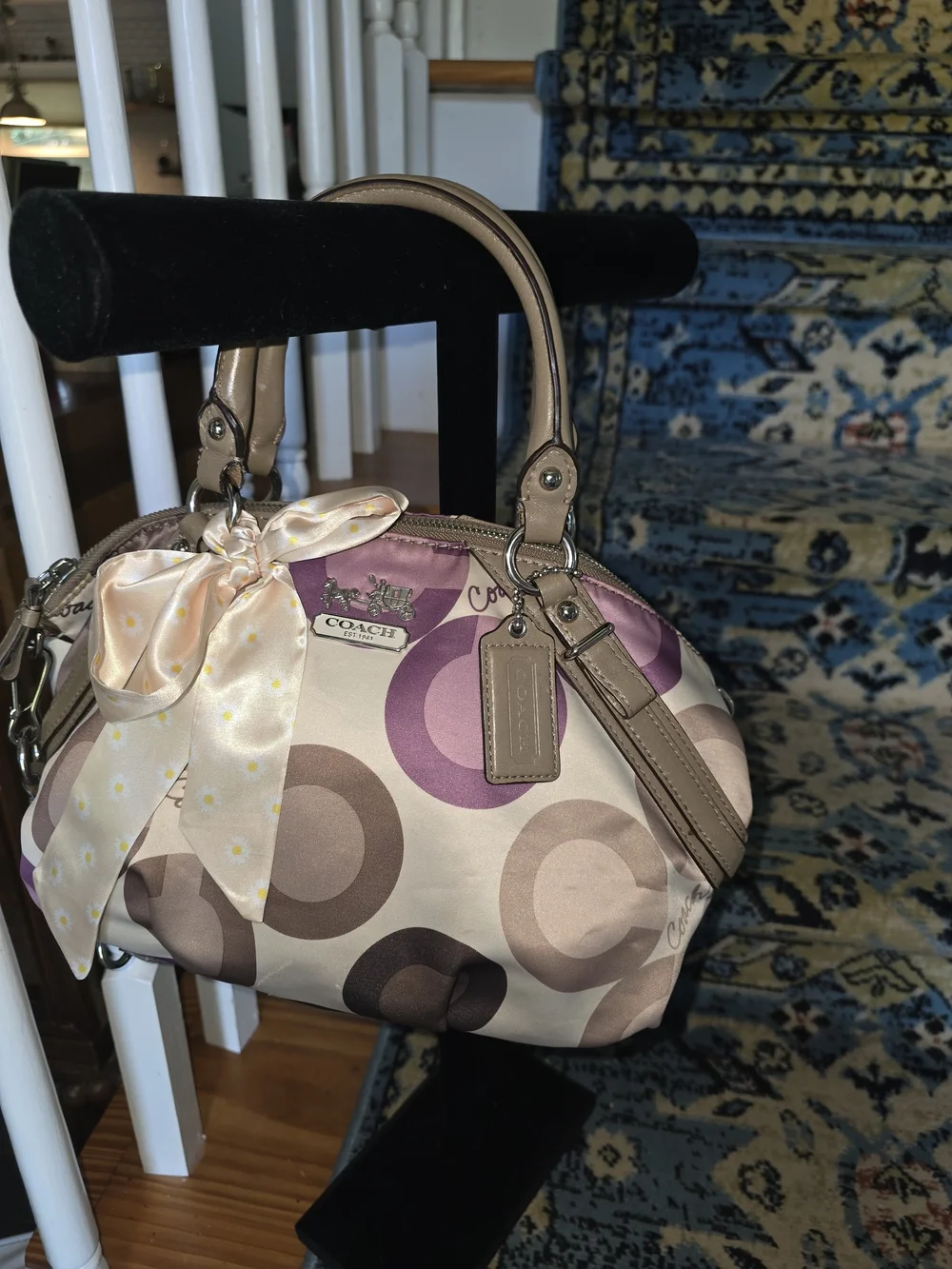 Coach Madison Pink and Taupe Signature Circle Mini Satchel with Scarf Accent